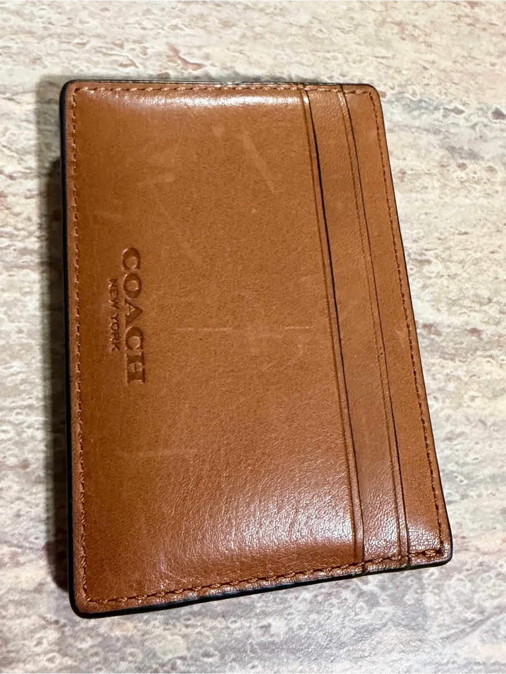 Coach Men's Money Clip Tan Leather Card Case/ Holder with Embossed Logo